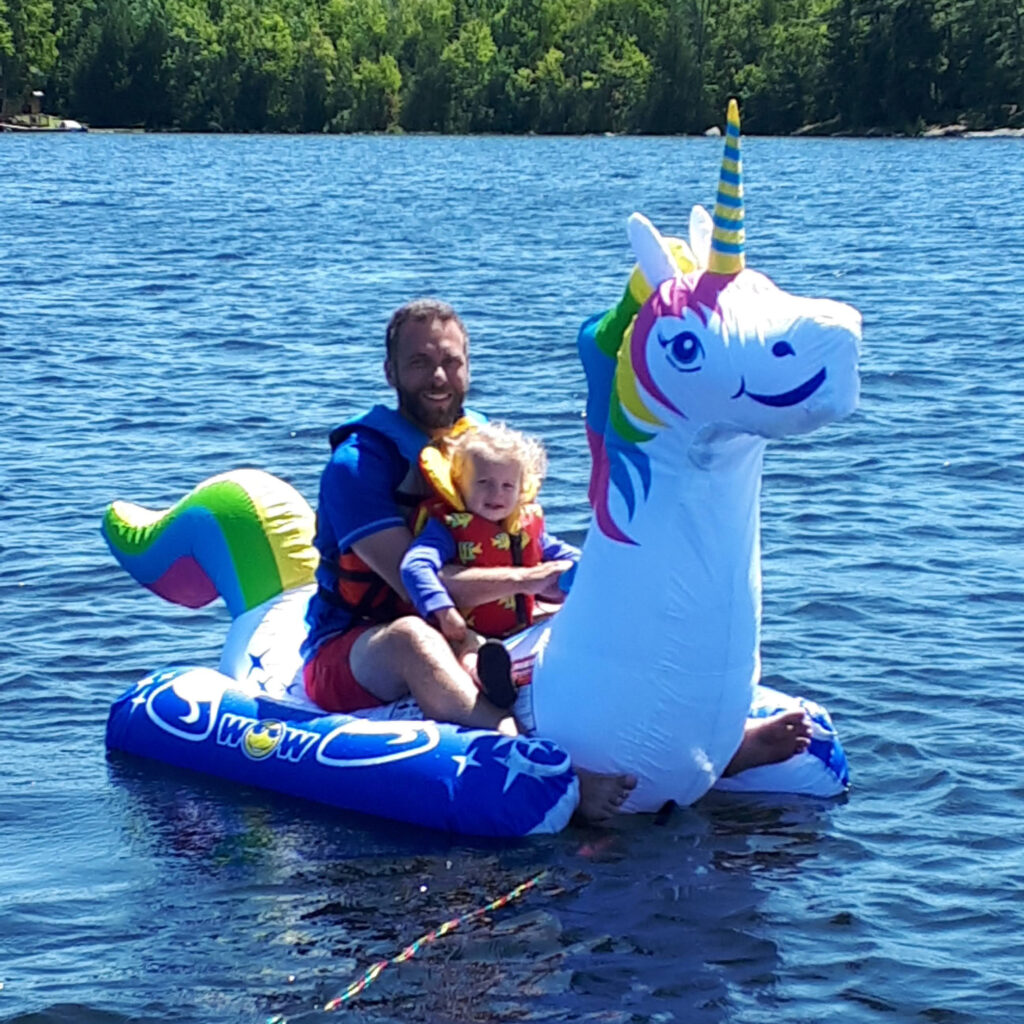 An inflatable unicorn on the water
